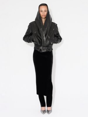 Alaia leather jacket with hood, high-quality black design.
