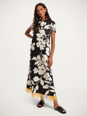 New fashionable La Doublej floral print dress with fur trim, long style