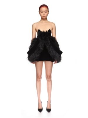 David Koma dress with black mesh and fur trim