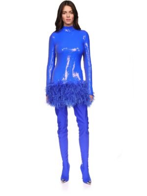 David Koma's blue short dress with sequins and fur trim