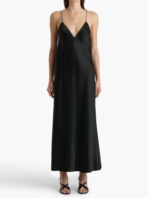 New fashionable and high-end Khaite slip dress, long black silk fabric, V-neck design.