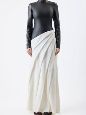 Gabriela Hearst Black Leather and Fabric Patchwork Long Dress