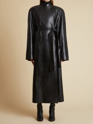 Khaite black and burgundy long leather jacket