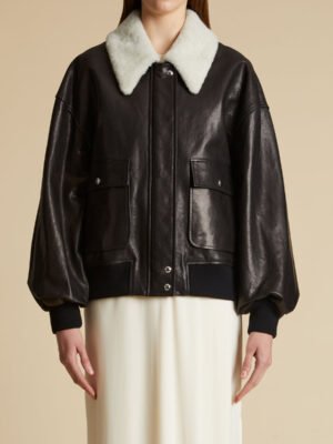 Khaite black leather jacket for women with fur collar
