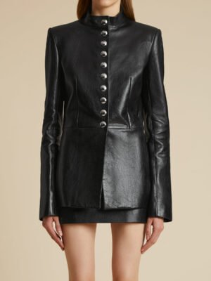 Khaite black leather jacket with a single-breasted design looks great.