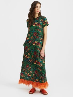 New fashionable La Doublej green floral print dress with fur trim long dress