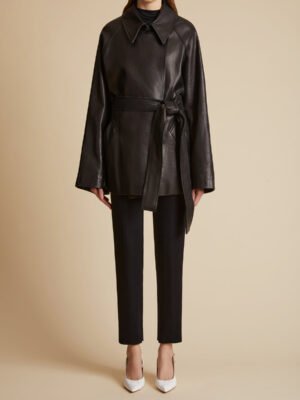 Khaite black leather jacket with lapel and belt