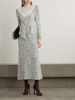 New fashionable Alessandra Rich light blue printed long dress with lace lapel design