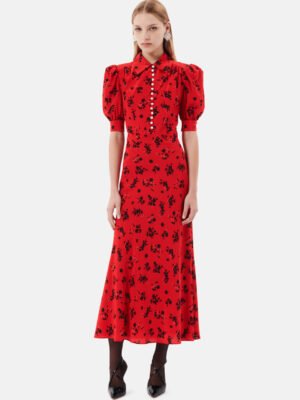 New fashionable Alessandra Rich red floral print long dress with lapel