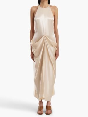 New fashionable and high-end Khaite strapless dress, available in green, black, and light pink, long round neck design.