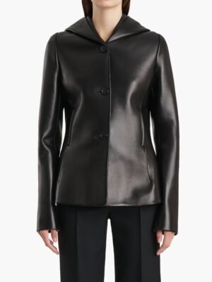 New stylish and high-end Khaite jacket, black short hooded leather design