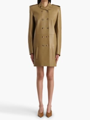 New stylish and high-end Khaite leather jacket, mid-length, with a lapel design, brown.