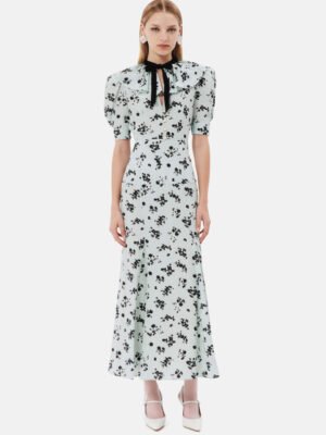 New stylish Alessandra Rich light blue printed long dress with lapel