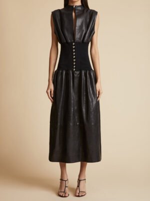 Khaite black leather long dress