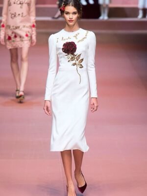 Dolce & Gabbana long white sequined rose embroidered dress, high-quality runway style.