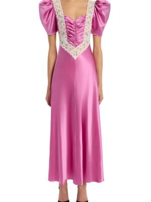 RODARTE long dress with lace collar, available in pink and yellow.